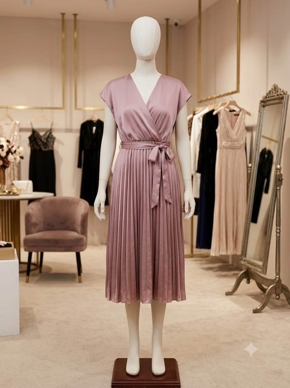 SHEIN Dusty Rose Pleated Midi Wrap Dress